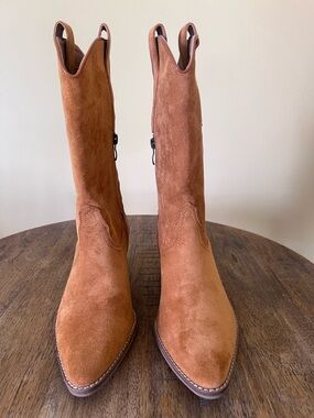 BEAST FASHION Tan Suede Mid-Calf Western Heeled Boots